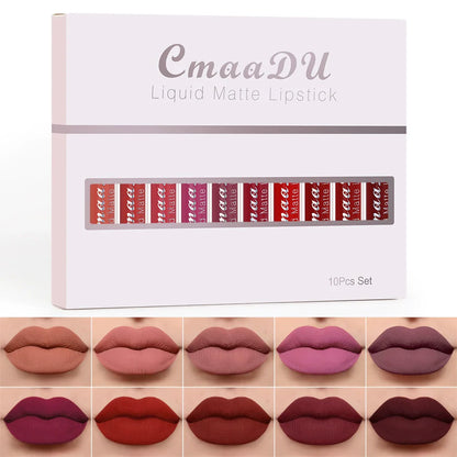 10-Piece Matte Waterproof Lip Gloss Set – Bold Color, All-Day Stay